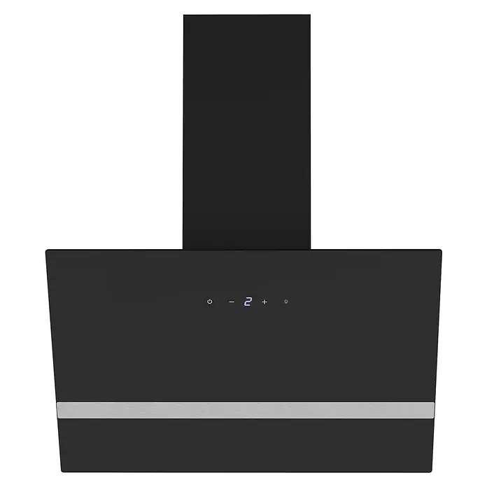 Respekta Schräghaube Saphir - Breite: 59,5 cm, Max. Gebläseleistung Abluftbetrieb: 523,9 m³/h, Schwarz - Schwarze Dunstabzugshaube mit digitaler Anzeige ('2'), Strom- und Lichtsymbolen und einer horizontalen silbernen Zierleiste.