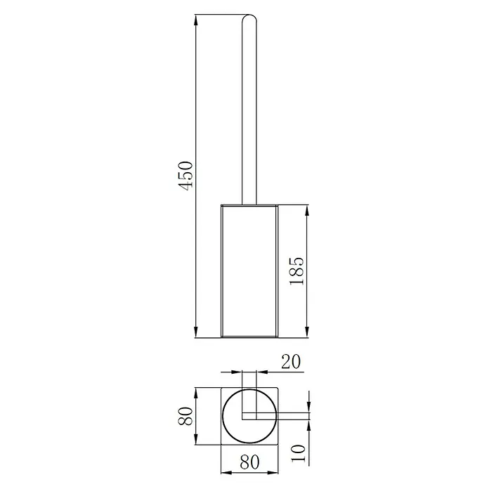 Escobillero de suelo Urban - Altura: 45 cm, Acero inoxidable, Negro - Dibujo técnico de escobilla de WC con soporte y dimensiones: altura total 450mm, altura del soporte 185mm, base cuadrada 80x80mm.