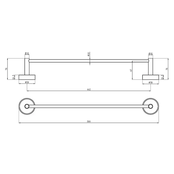 Toallero de barra Fusión - 50 cm, Cromo - Dibujo técnico de una barra toallera individual de 500mm con soportes de montaje, mostrando dimensiones clave.