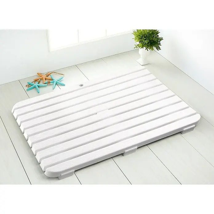 Tatay Tarima de baño - L x An: 50 x 80 cm, Blanco, Polipropileno - Alfombra de baño de madera blanca con diseño de listones, ideal para un baño con estilo. Acentos decorativos con estrellas de mar y planta.