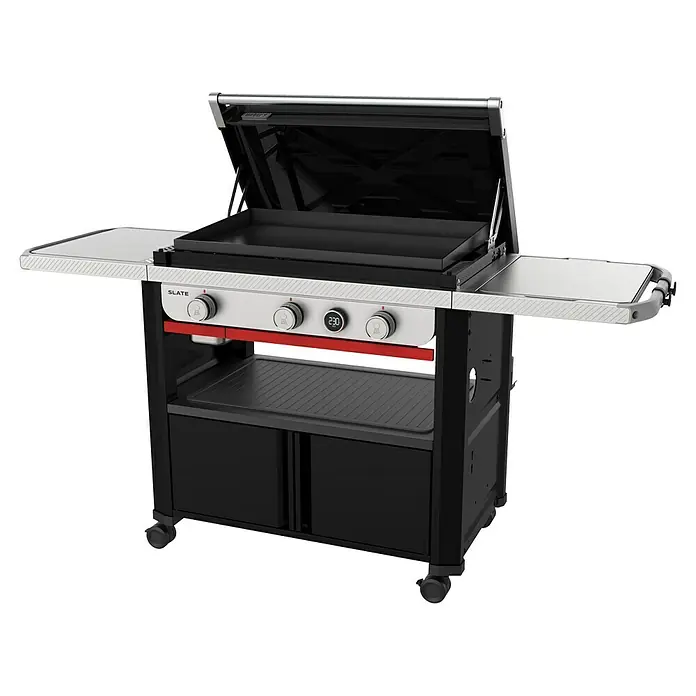 Weber Gasgrill GPD 76 - Grillfläche (B x T): 76 x 46 cm, Schwarz - Schwarze und silberne Outdoor-Grillplatte mit offenem Deckel, roten Akzenten, Digitalanzeige und Beistelltischen auf Rollen.