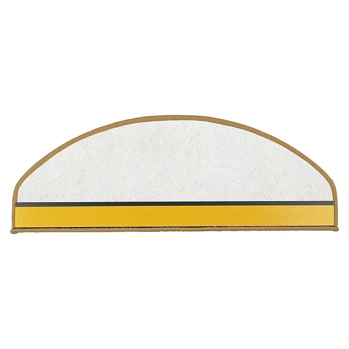 Stufenmatte Kalkutta - 65 x 23,5 cm, Natur, Halbrund - Weißer Filz-Stufenteppich mit brauner Naht, gelbem Klebestreifen und schwarzer Rutschkante.