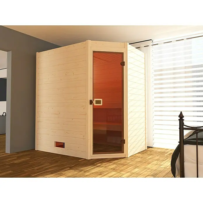 Weka Massivholzsauna Valida Eck 1 GT - L x B x H: 139 x 189 x 203,5 cm, Grundfläche: 2,12 m² - Diese Aufnahme zeigt eine Ecksauna aus hellem Holz mit Glastür in einem Innenraum, die zum Entspannen einlädt.