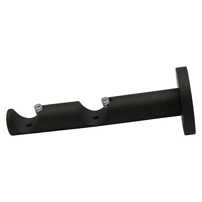 Expo Ambiente Doppelträger Function - Eisenoptik-brush, Geeignet für: Gardinenstangen Ø 20 mm, Länge: 13,1 cm - Eine schwarze, doppelte Gardinenstangenhalterung zur Wandmontage, ideal für die Befestigung von zwei Gardinenstangen nebeneinander.