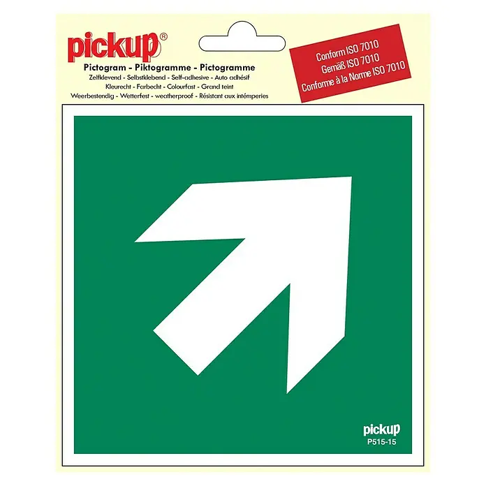 Pickup Aufkleber - Motiv: Zusatzzeichen Pfeil, L x B: 15 x 15 cm, Grün/Weiß - Grünes "Pickup" Piktogramm mit weißem Pfeil nach oben rechts, gemäß ISO 7010, selbstklebend und wetterfest für vielfältige Anwendungen.