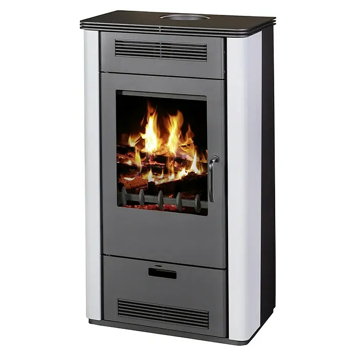 Firefix Kaminofen-Set Etna - 7 kW, Raumheizvermögen: 140 m³, Material Verkleidung: Stahl, Anthrazit/Weiß - Ein moderner Kaminofen mit großem Sichtfenster, der eine gemütliche Atmosphäre schafft und Wärme spendet.