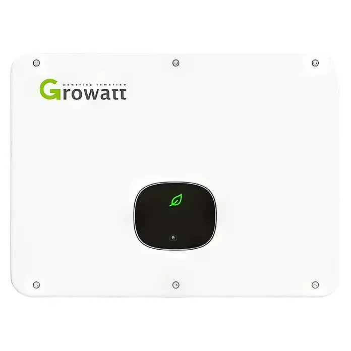 Growatt Wechselrichter MID 25KTL3-XH - 0% MwSt. (gem. § 12 Abs. 3 UStG) - 25.000 W - Weißer Growatt Solarwechselrichter mit schwarzem Display und grünem Blattsymbol.