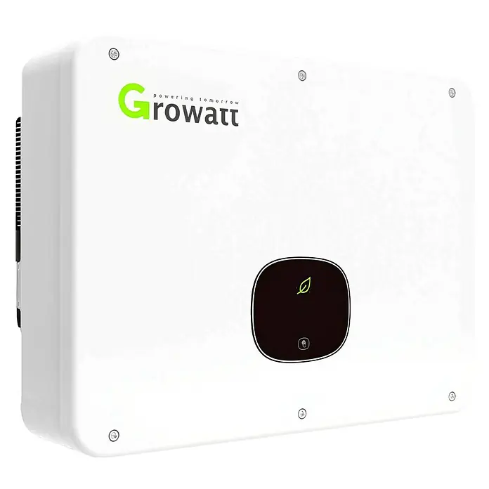 Growatt Wechselrichter MID 25KTL3-XH - 0% MwSt. (gem. § 12 Abs. 3 UStG) - 25.000 W - Weißer Growatt Solarwechselrichter mit schwarzem Display und grünem Blattsymbol, zur effizienten Solarenergieumwandlung.