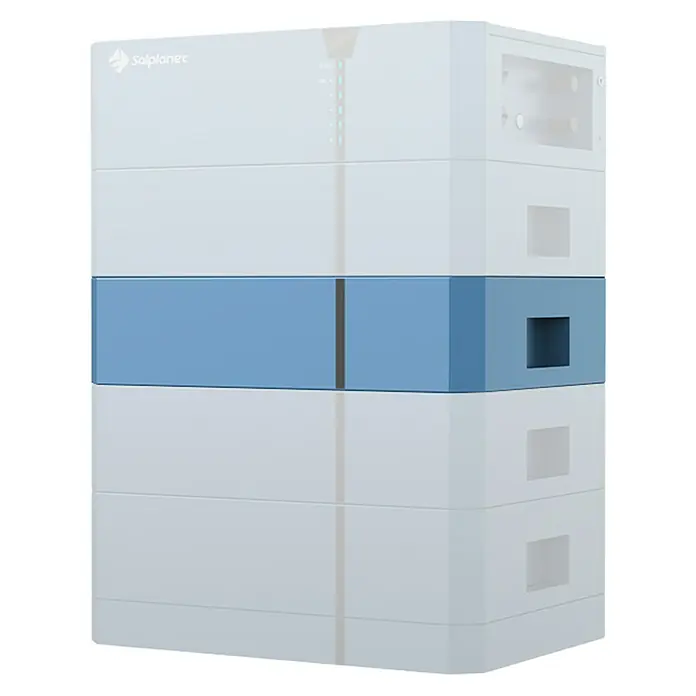 Batteriespeicher - 0% MwSt. (gem. § 12 Abs. 3 UStG) - Leistungsaufnahme: 2,56 W - Solplanet modulares Energiespeichersystem, weiß mit blauem Mittelteil.