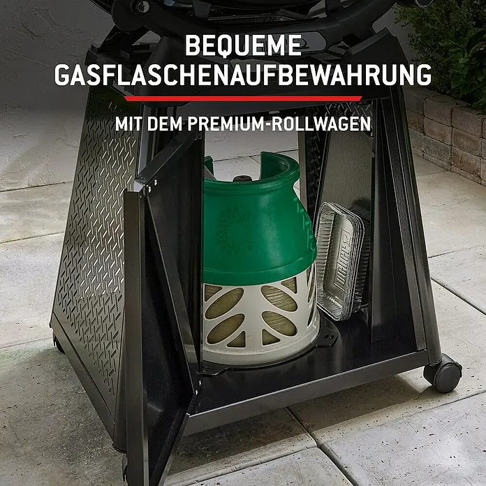 Weber Gasgrill Q 2800 N+ mit Rollwagen - Grillfläche (B x T): 56 x 41 cm, 5,25 kW, Anzahl Brenner: 2 Stk. - Schwarzer Grillwagen mit offener Tür, zeigt eine grüne Gasflasche und Aluschalen. Praktische Gasflaschenaufbewahrung auf Rollen.