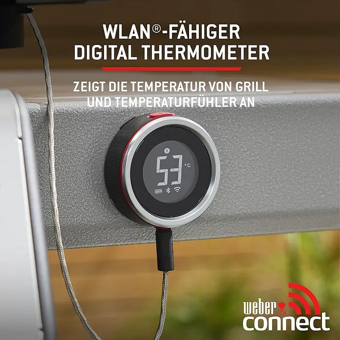 Weber Spirit Gasgrill EX-435 - Grillfläche (B x T): 62 x 44 cm, 10,3 kW, Anzahl Brenner: 4 Stk. - WLAN-fähiges digitales Grillthermometer mit angeschlossenem Fühler, zeigt 53°C und Verbindungssymbole.
