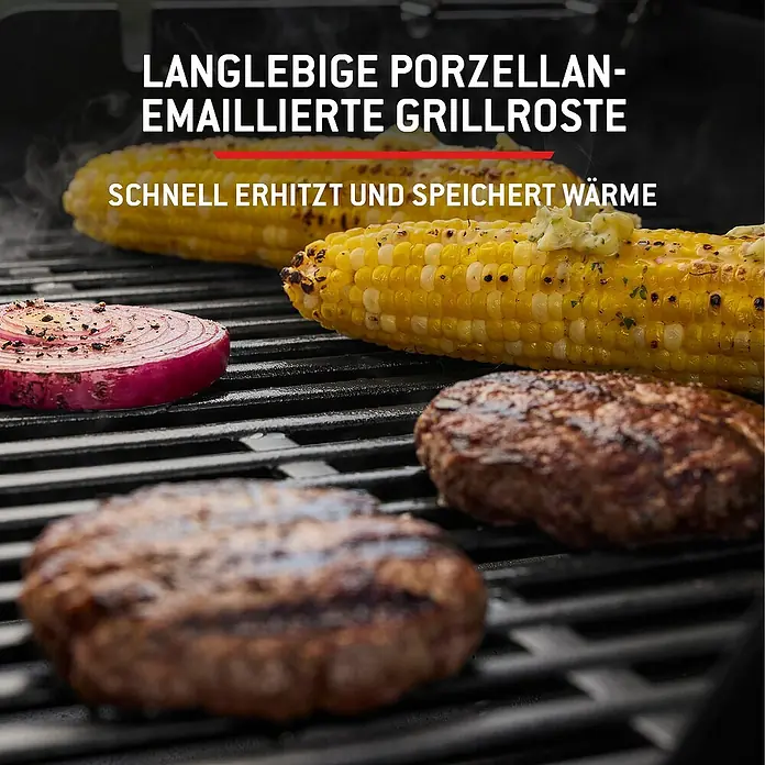 Weber Gasgrill Spirit E-335 GBS - Grillfläche (B x T): 52 x 44 cm, 9,1 kW, Anzahl Brenner: 3 Stk. - Langlebige porzellanemaillierte Grillroste mit kochendem Essen, die ihre Wärmespeicherung hervorheben.