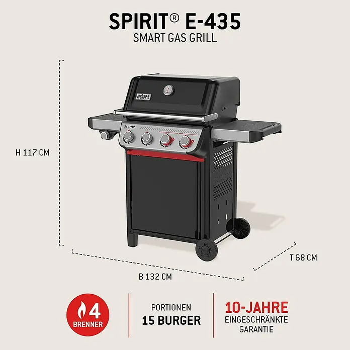 Weber Spirit Gasgrill E-435 - Grillfläche (B x T): 62 x 44 cm, 10,3 kW, Anzahl Brenner: 4 Stk. - Schwarzer Weber Spirit E-435 Smart Gasgrill mit 4 Brennern und seitlichen Ablagen.