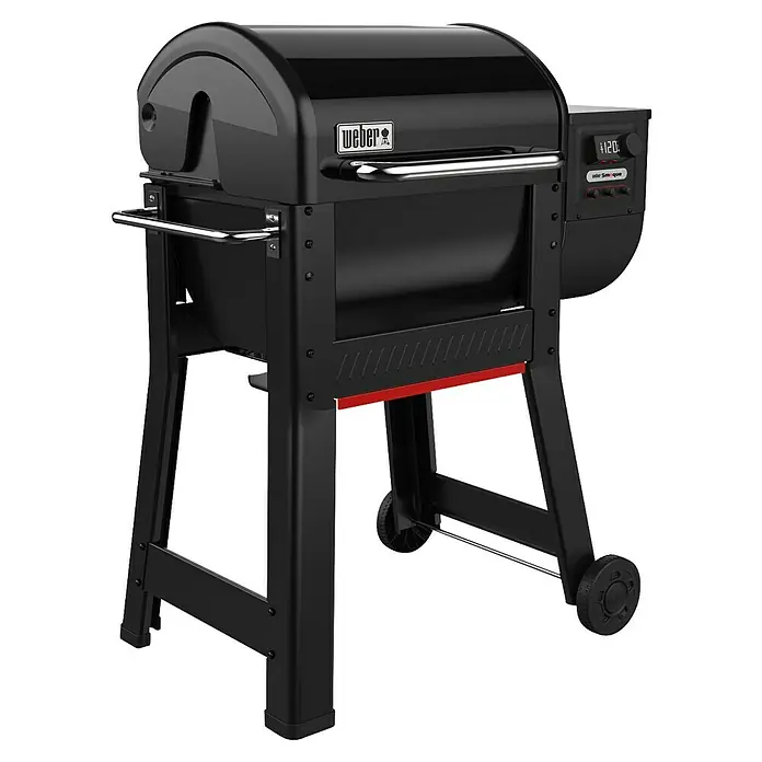 Weber Smoker Smoque - Grillfläche (B x T): 56 x 44,5 cm, Schwarz - Schwarzer Weber Pelletgrill mit Chromgriff und Digitalanzeige zum Räuchern und Grillen, mit stabilem Gestell und Rädern.