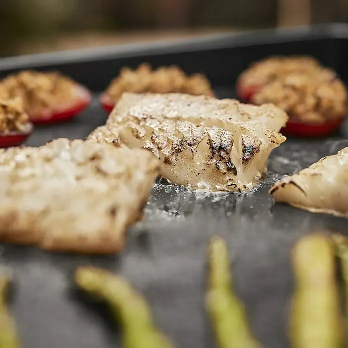 Weber Plancha-Grill Slate GPD - Grillfläche (B x T): 71 x 46 cm, 10,6 kW, Anzahl Brenner: 3 Stk. - Gegrillte Fischfilets mit gefüllten Paprika und Spargel auf dunklem Grill.