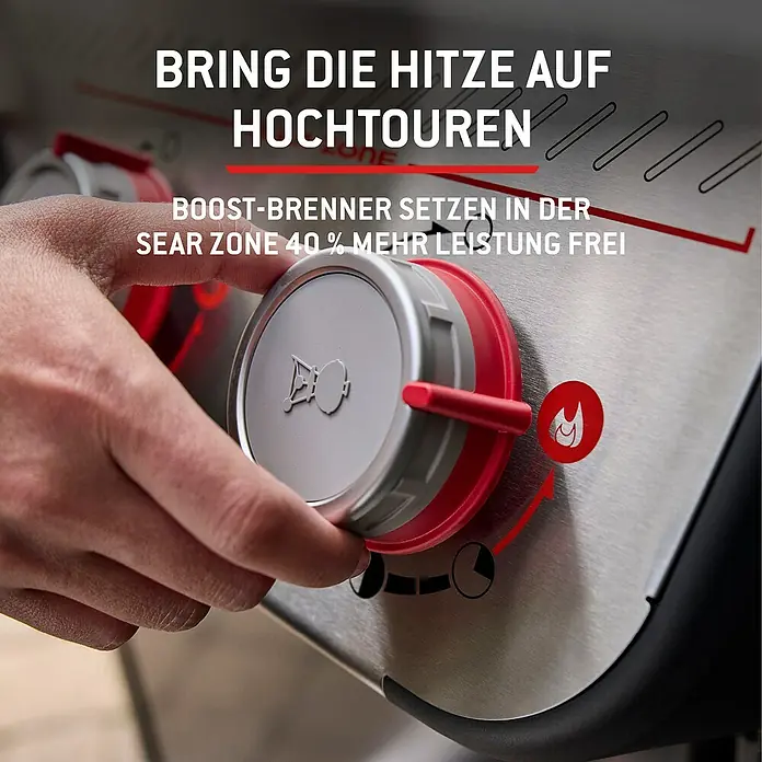 Weber Gasgrill Spirit E-335 GBS - Grillfläche (B x T): 52 x 44 cm, 9,1 kW, Anzahl Brenner: 3 Stk. - Hand dreht einen rot-silbernen Grillregler zur Aktivierung der Sear Zone mit 40 % mehr Leistung.