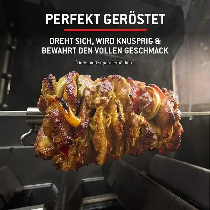 Weber Spirit Gasgrill E-435 - Grillfläche (B x T): 62 x 44 cm, 10,3 kW, Anzahl Brenner: 4 Stk. - Gewürztes Fleisch und Gemüse drehen sich am Drehspieß und bräunen über der Hitze.