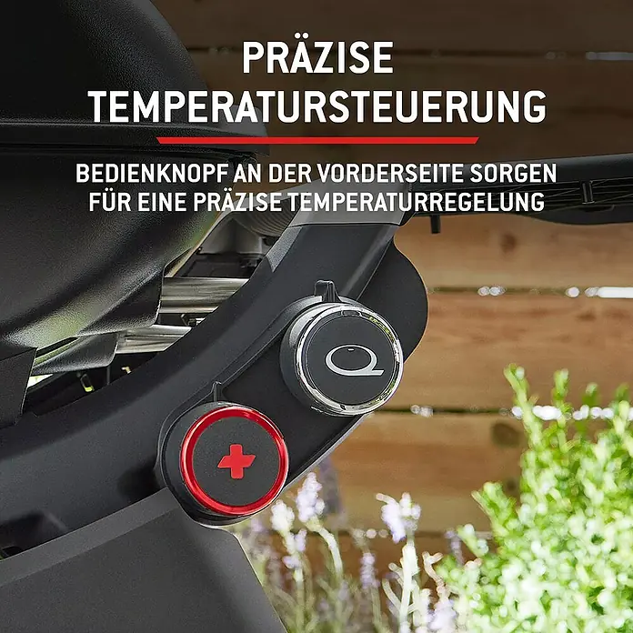 Weber Gasgrill Q 2800 N+ mit Rollwagen - Grillfläche (B x T): 56 x 41 cm, 5,25 kW, Anzahl Brenner: 2 Stk. - Zwei schwarze und rote Bedienknöpfe an der Seite eines schwarzen Grills zur präzisen Temperaturregelung.