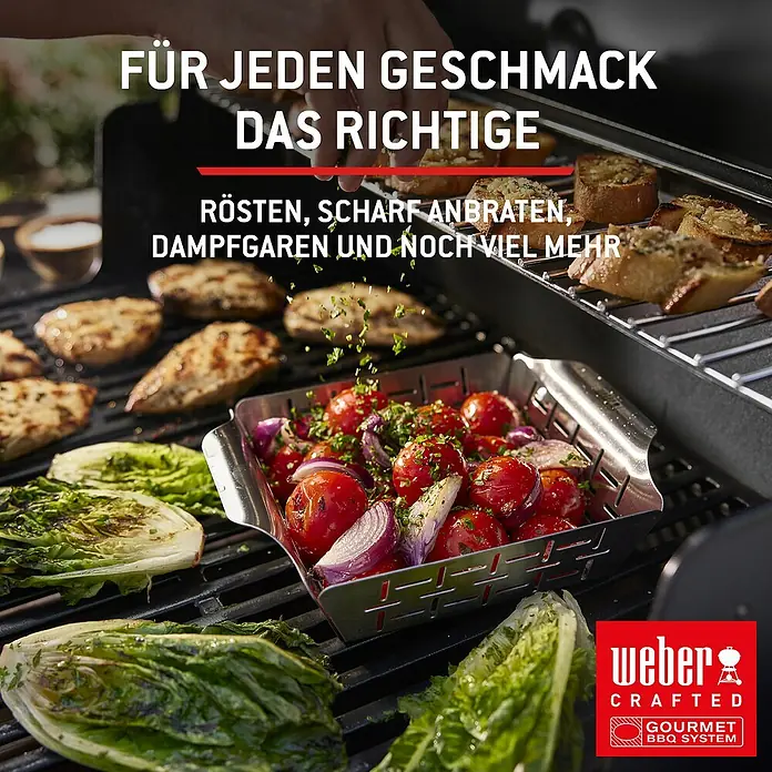 Weber Gasgrill Spirit E-335 GBS - Grillfläche (B x T): 52 x 44 cm, 9,1 kW, Anzahl Brenner: 3 Stk. - Weber Grill mit Crafted Grillkorb aus Edelstahl, zum Garen von Huhn, Gemüse und Brot. Vielseitiges Grillen.