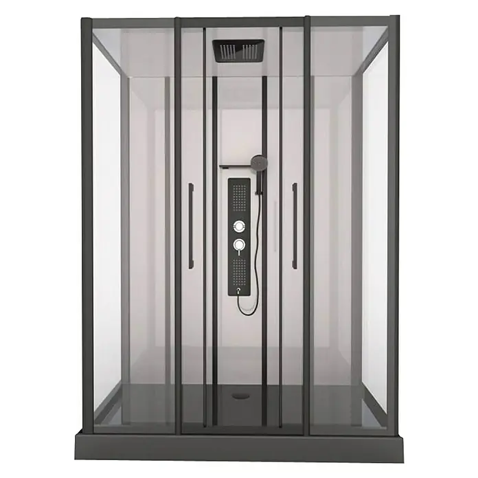 Aurlane Cabina de ducha completa Indus - 160 x 70 x 215 cm, Antracita/Metálico plateado - Un moderno panel de ducha con rociador de lluvia, ducha de mano y jets de masaje, encerrado en una elegante cabina de ducha con marco oscuro.