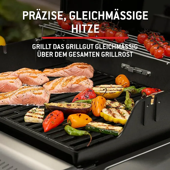 Weber Gasgrill Spirit E-335 GBS - Grillfläche (B x T): 52 x 44 cm, 9,1 kW, Anzahl Brenner: 3 Stk. - Schwarzer Grill mit Lachs, Gemüse und Tomaten. Die gleichmäßige Hitze des Grills sorgt für ein einheitliches Garen auf der gesamten Rostfläche.