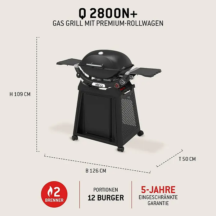 Weber Gasgrill Q 2800 N+ mit Rollwagen - Grillfläche (B x T): 56 x 41 cm, 5,25 kW, Anzahl Brenner: 2 Stk. - Schwarzer Weber Q 2800N+ Gasgrill auf Premium-Rollwagen, zeigt Maße, 2 Brenner und Platz für 12 Burger.