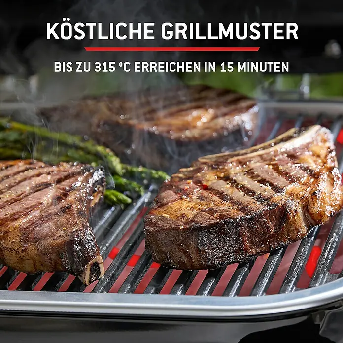Weber Elektrogrill Lumin Compact - Grillfläche (B x T): 43 x 28 cm, 2,2 kW - Gegrillte Steaks und Spargel auf einem Indoor-Elektrogrill mit sichtbaren roten Heizelementen.