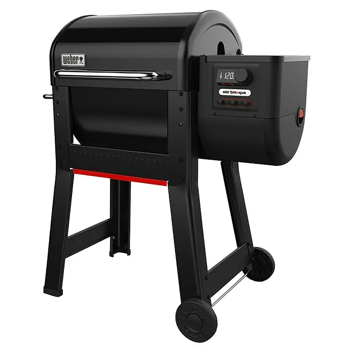 Weber Smoker Smoque - Grillfläche (B x T): 56 x 44,5 cm, Schwarz - Schwarzer Weber Pelletgrill und Smoker mit Chromgriff und Digitalanzeige ('120'). Er hat einen roten Akzent und Räder.