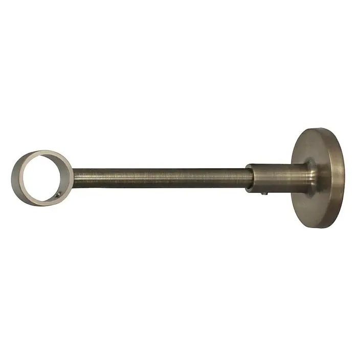 Expo Ambiente Träger Wire - Brüniert, Geeignet für: Gardinenstangen Ø 20 mm, 15,2 cm - Nahaufnahme einer bronzefarbenen Gardinenstangenhalterung mit Wandbefestigung und runder Stangenaufnahme zur Gardinenstangenbefestigung.