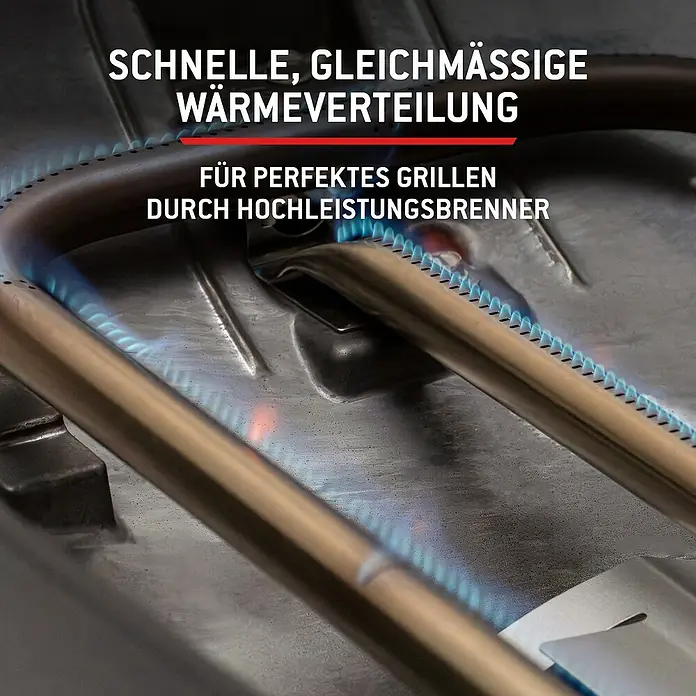 Weber Gasgrill Q 2200 N - Grillfläche (B x T): 56 x 41 cm, 4,11 kW, Anzahl Brenner: 1 Stk. - Nahaufnahme von Gasgrillbrennern mit blauen Flammen, die schnelle, gleichmäßige Wärmeverteilung zum Grillen zeigen.