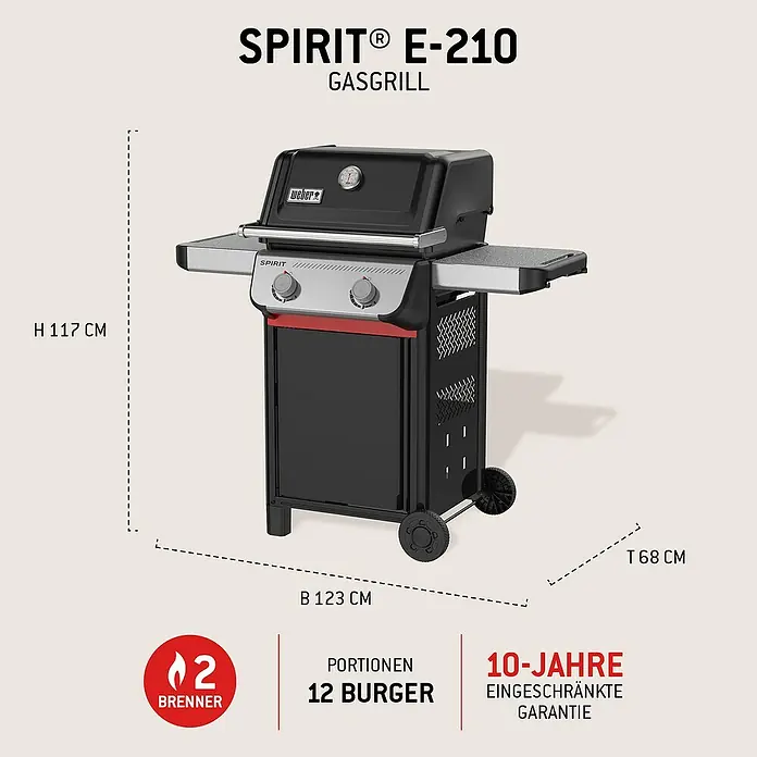 Weber Gasgrill Spirit E-210 - Grillfläche (B x T): 52 x 44 cm, 7,8 kW, Anzahl Brenner: 2 Stk. - Schwarzer und silberner Weber Spirit E-210 Gasgrill mit zwei Brennern.