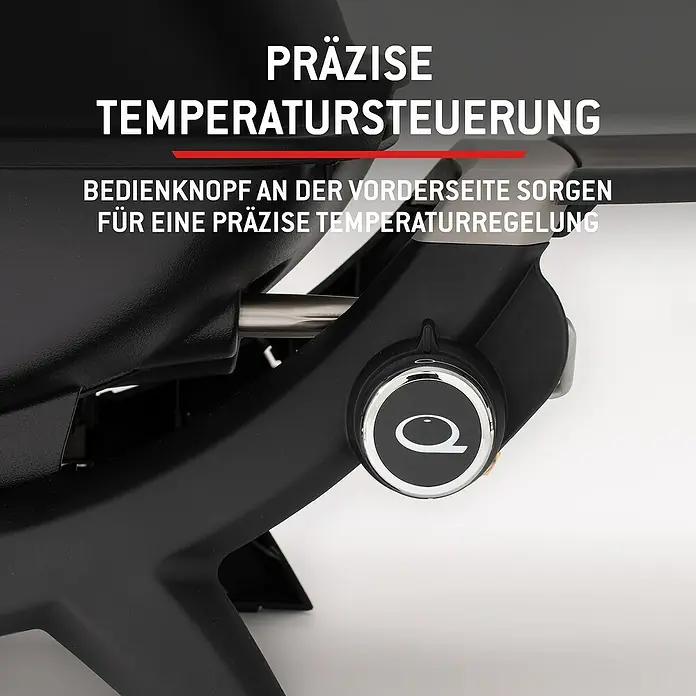 Weber Gasgrill Q 1100 N - Grillfläche (B x T): 45 x 36 cm, 2,94 kW, Anzahl Brenner: 1 Stk. - Nahaufnahme eines schwarzen Grills mit silber-schwarzem Bedienknopf vorne für präzise Temperaturregelung.