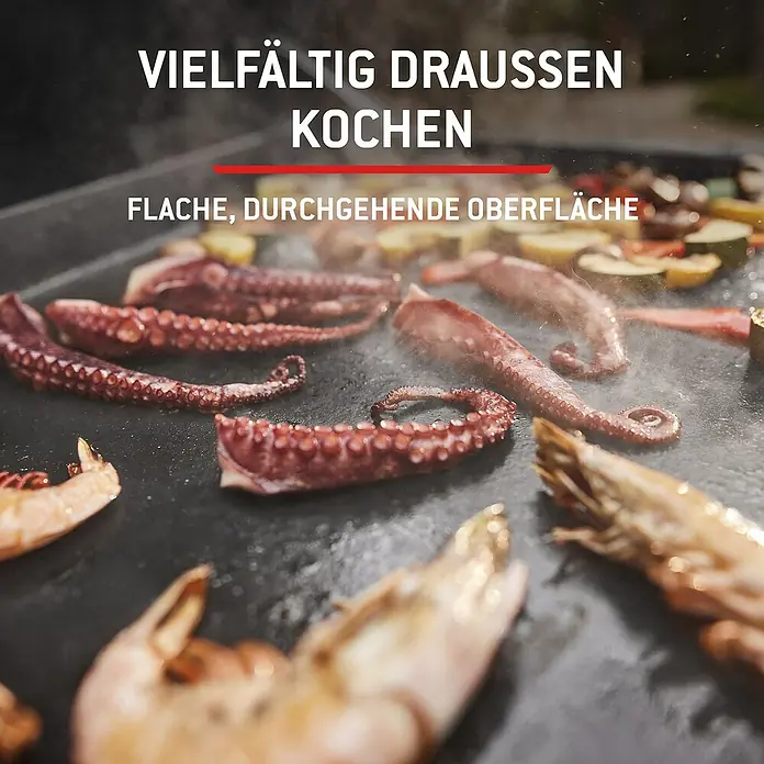 Weber Plancha-Grill Slate GP 43 - Grillfläche (B x T): 43 x 41 cm, 3,7 kW, Schwarz - Eine dunkle, flache Grillplatte, die Meeresfrüchte und Gemüse zubereitet. Ihre durchgehende Oberfläche ermöglicht vielseitiges Kochen im Freien.