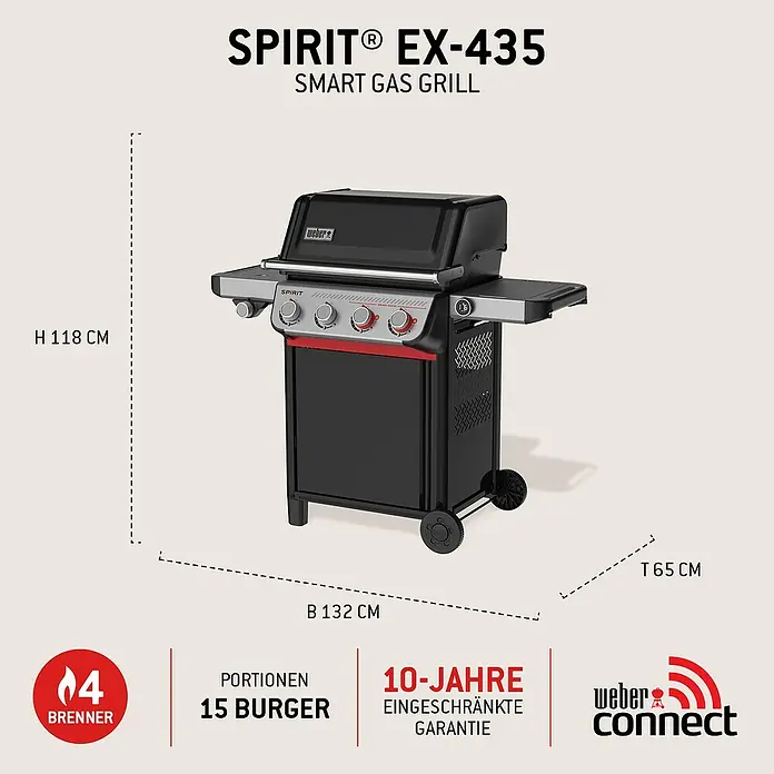 Weber Spirit Gasgrill EX-435 - Grillfläche (B x T): 62 x 44 cm, 10,3 kW, Anzahl Brenner: 4 Stk. - Schwarzer Weber Spirit EX-435 Smart Gasgrill mit roten Akzenten und vier Brennern, Maße sind angezeigt.