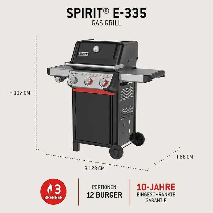Weber Gasgrill Spirit E-335 GBS - Grillfläche (B x T): 52 x 44 cm, 9,1 kW, Anzahl Brenner: 3 Stk. - Schwarzer und roter Weber Spirit E-335 Gasgrill mit 3 Brennern, für 12 Burger. Maße: H 117 cm, B 123 cm, T 68 cm.