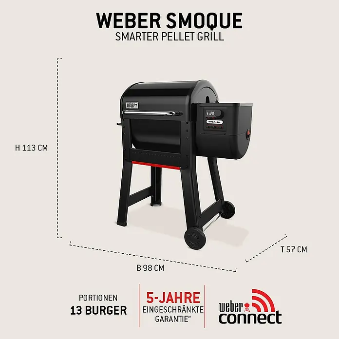 Weber Smoker Smoque - Grillfläche (B x T): 56 x 44,5 cm, Schwarz - Schwarzer Weber Smoque Smart Pelletgrill mit Digitalanzeige, Griff und Rädern. Maße H 113 x B 98 x T 57 cm.