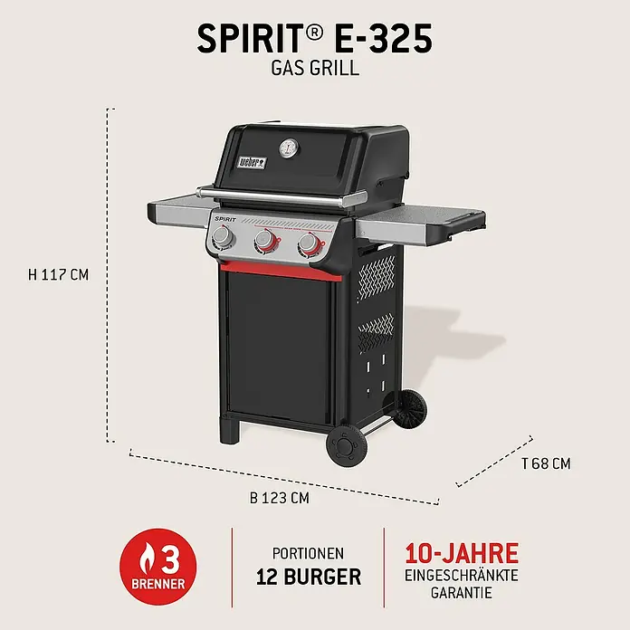 Weber Gasgrill Spirit E-325 GBS - Grillfläche (B x T): 52 x 44 cm, 9,1 kW, Anzahl Brenner: 3 Stk. - Schwarzer Weber Spirit E-325 Gasgrill mit roten Akzenten und drei Brennern.
