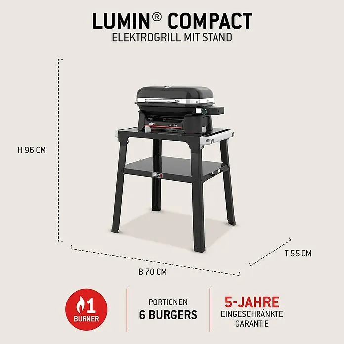 Weber Compact Elektrogrill Lumin Compact mit Grilltisch - Grillfläche (B x T): 43 x 28 cm, 2,2 kW - Schwarzer Weber Lumin Compact Elektrogrill mit Stand, Maße H96xW70xT55 cm.