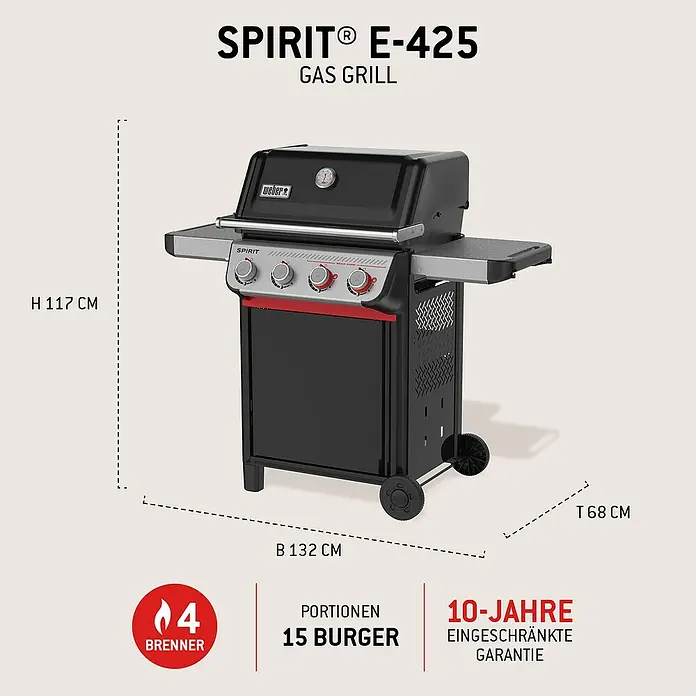 Weber Gasgrill Spirit E-425 GBS - Grillfläche (B x T): 62 x 44 cm, 10,3 kW, Anzahl Brenner: 4 Stk. - Schwarzer und silberner Weber Spirit E-425 Gasgrill mit roten Akzenten, vier Brennern und Rollen.