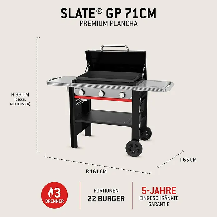 Weber Plancha-Grill Slate GPD - Grillfläche (B x T): 71 x 46 cm, 10,6 kW, Anzahl Brenner: 3 Stk. - Ein schwarzer und grauer Gas-Plancha-Grill für draußen mit 3 Brennern, Seitenablagen und Rädern. Misst 161x99x65 cm.