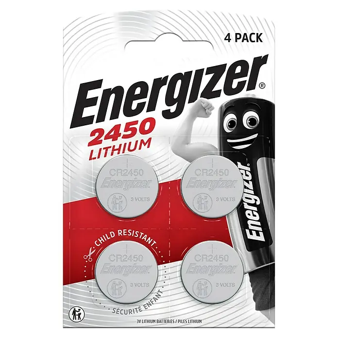 Energizer Knopfzelle 2450 - 3 V, 4 Stk. - Vier silberne Energizer CR2450 Lithium-Knopfzellenbatterien in kindergesicherter Blisterverpackung, je 3 Volt.