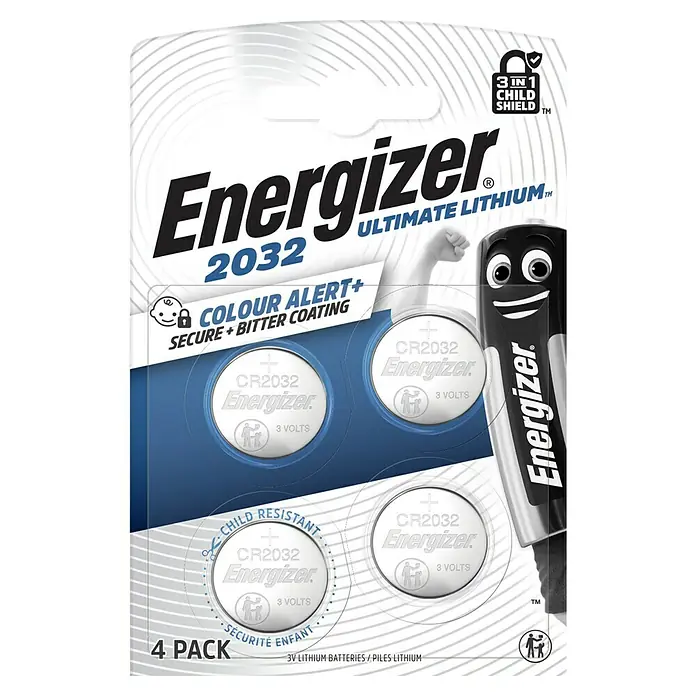 Energizer Knopfzelle Ultimate Lithium CR 2032 - CR2032, 3 V, 4 Stk. - Viererpack Energizer CR2032 Ultimate Lithium 3V Knopfzellen mit kindersicherer Verpackung und Bitterbeschichtung.