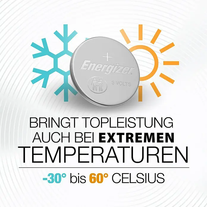 Energizer Knopfzelle Ultimate Lithium CR 2032 - CR2032, 3 V, 4 Stk. - Silberne Energizer Knopfzelle mit Schneeflocken- & Sonnensymbolen, zeigt Extremtemperaturleistung von -30°C bis 60°C.