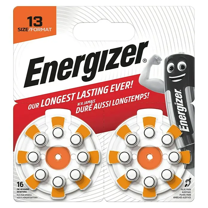Energizer Knopfzelle Hörgerätebatterie Zinc-Air AZ13 - 1,45 V, 16 Stk. - Energizer 16er-Pack Hörgerätebatterien Größe 13 Zink-Luft in zwei Drehspendern.