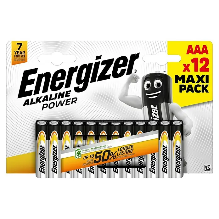 Energizer Batterie Micro AAA - 12 Stk., Micro AAA, 1,5 V - Energizer AAA Alkaline Power 12er-Pack Batterien. Mit Cartoon-Batteriemaskottchen, 7 Jahren Haltbarkeit und Recyclingmaterialien.