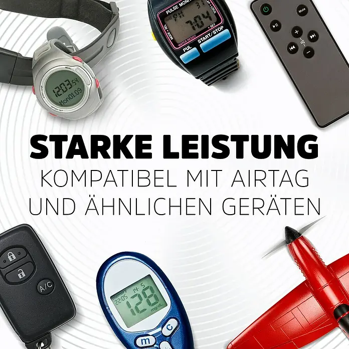Energizer Knopfzelle Ultimate Lithium CR 2032 - CR2032, 3 V, 4 Stk. - Verschiedene Gegenstände: Uhren, Fernbedienung, Autoschlüssel, Blutzuckermessgerät, Spielzeugflugzeug. Text: 'Kompatibel mit AirTag und ähnlichen Geräten'.