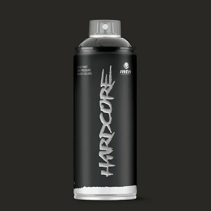 mtn Pintura decorativa en spray Hardcore - Negro, Brillante, 400 ml - Primer plano de un spray negro MTN Hardcore. Ideal para graffiti y arte callejero, ofrece colores brillantes y de alta cobertura para proyectos creativos.