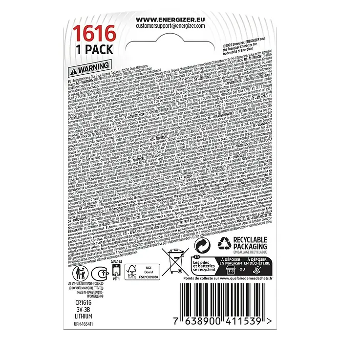 Energizer Knopfzelle Lithium 1616 - 3 V - Energizer CR1616 3V Lithium-Knopfzelle in einer Einzelblisterverpackung.