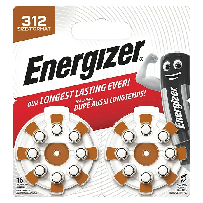 Energizer Knopfzelle Hörgerätebatterie Zinc-Air ZA312 - 1,45 V - Energizer 312 Zink-Luft Hörgerätebatterien, 16 Stück, in zwei runden Spendern. Die Batterien sind silber mit braunem Akzent.