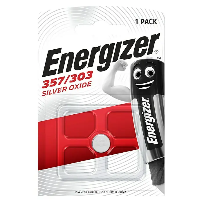 Energizer Knopfzelle 357/303 SR44 Silberoxid - 4,5 V - Energizer 357/303 Silberoxid-Batterie in transparenter Blisterverpackung mit roter Rückseite, mit Energizer-Logo und Batteriecharakter.